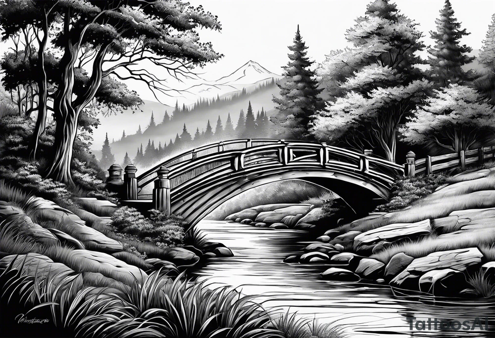 Trees and path with a creek and bridge tattoo idea