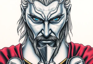 A close-up of Thor’s face from Endgame, with battle scars, glowing blue eyes, and Stormbreaker raised, in hyper-realistic shades of blue, silver, and deep red. tattoo idea