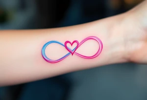 A soft pastel infinity symbol blending sky blue and pink, ending in a gentle heart shape. tattoo idea