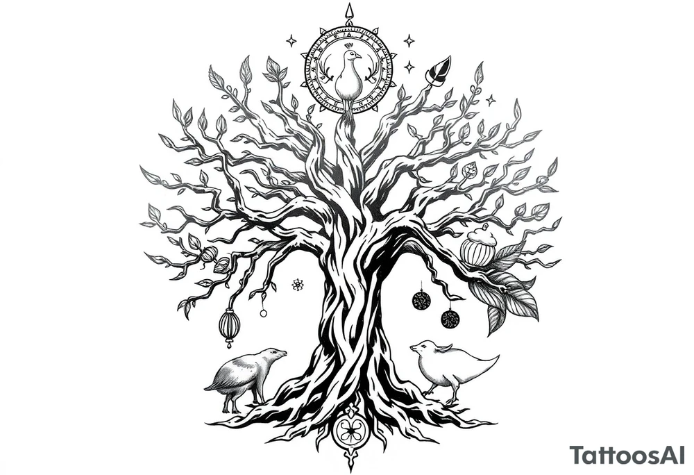 mystical tree of life with cosmic roots and celestial branches fat naked sexy woman , peacock , pig , cupcakes, liquor, cigerette, Storm clouds, pig, peacock , fat sexy naked fat woman, cupcakes, noose , money, goat lion, couple having sex, cigerette storm lightening, killing, darkness death, violent majestic creatures tattoo idea