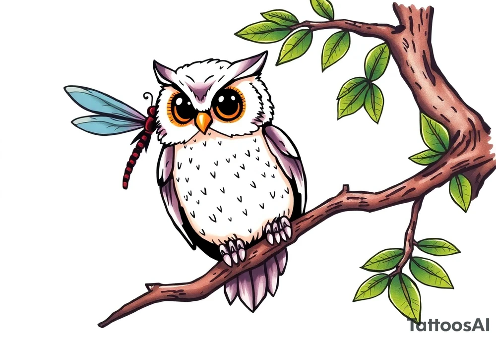 Owl perched on a tree branch, dragonfly in the background tattoo idea