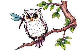 Owl perched on a tree branch, dragonfly in the background tattoo idea