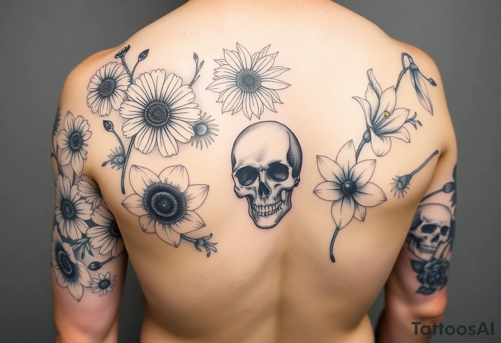 Half sleeve of feminine florals with daisies, poppies, white narcissus, sweet peas, gladiolus with a skull tattoo idea
