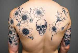 Half sleeve of feminine florals with daisies, poppies, white narcissus, sweet peas, gladiolus with a skull tattoo idea