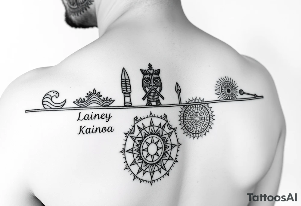 lower armband design with Polynesian symbols of waves, spearheads and tiki, scandanvian compass, igbo patterns symbolizing resilience, Native American circle representing wholeness. The names Lainey, Kainoa and Maya tattoo idea