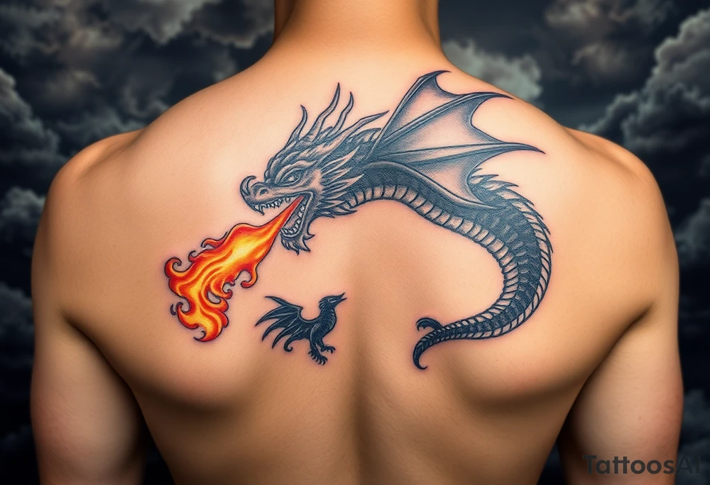 fierce dragon breathing iridescent fire against stormy skies tattoo idea