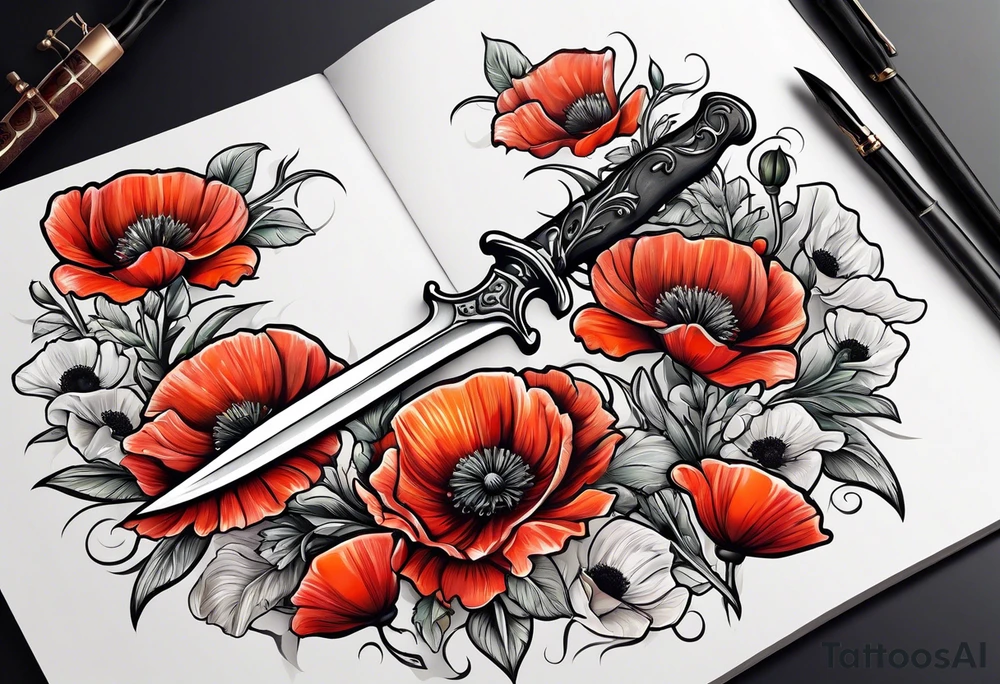 A dagger stabbing a book surrounded by poppy flowers tattoo idea