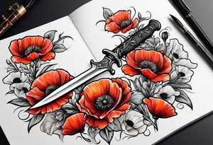 A dagger stabbing a book surrounded by poppy flowers tattoo idea
