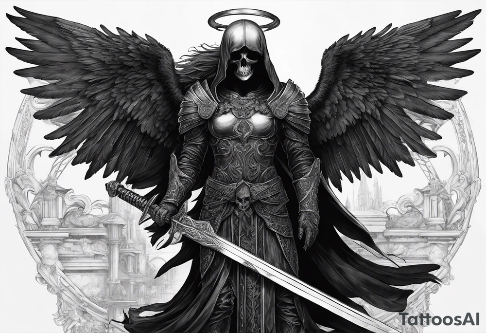 realistic full body of black angel of death, no face, face is not visible, with wings holding only one sword in both hands, the sword is driven into the skull, skull is on the ground tattoo idea