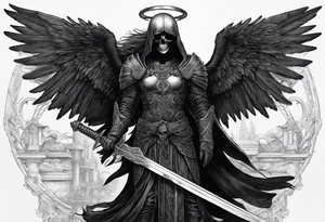 realistic full body of black angel of death, no face, face is not visible, with wings holding only one sword in both hands, the sword is driven into the skull, skull is on the ground tattoo idea