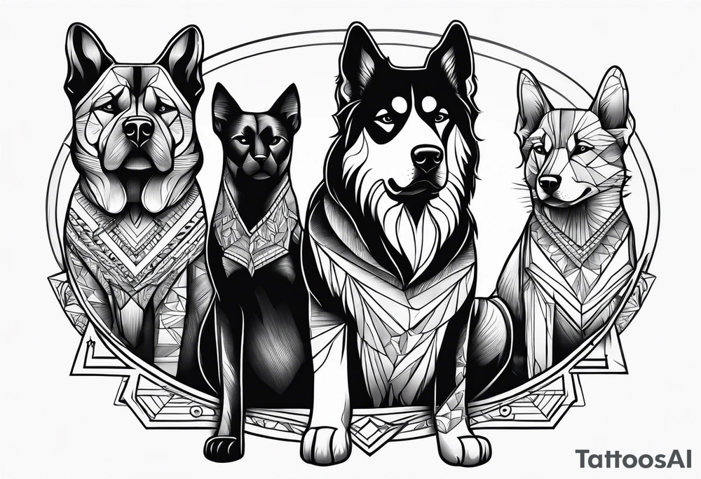 2 big dogs 3 small dogs and one black cat tattoo idea