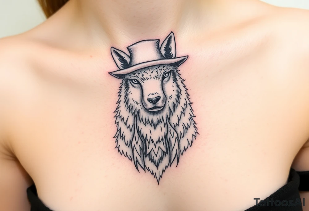 Wolf wearing a sheep like a costume with the sheep's head as a hat tattoo idea