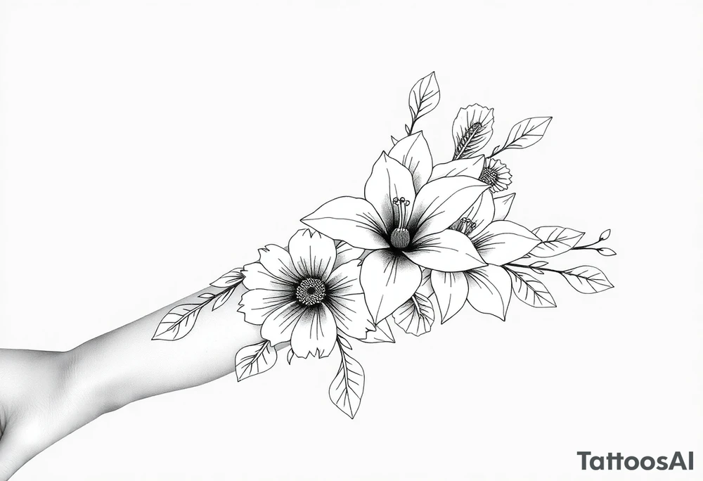 floral composition for sleeve of lycoris flowers with japanese vibe, mutiple ornemental patern and leaf, dot geometric ornement, tattoo idea