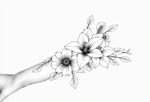 floral composition for sleeve of lycoris flowers with japanese vibe, mutiple ornemental patern and leaf, dot geometric ornement, tattoo idea