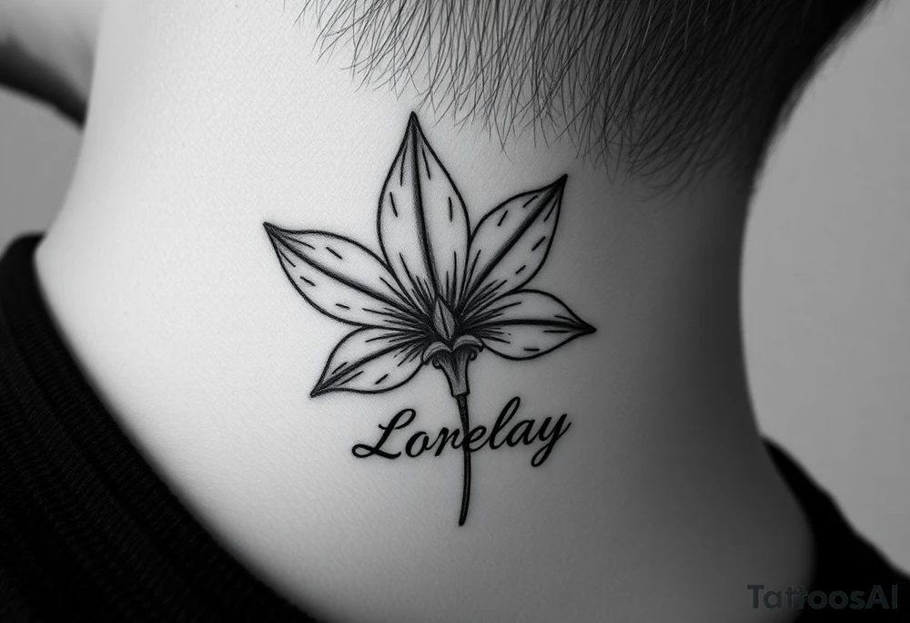 Crea un diseño significativo sobre la flor de bayahibe egipcia y que tenga el nombre escrito por de bajo del diseño el nombre de mi hermana Lorelay para la parte baja del bíceps tattoo idea