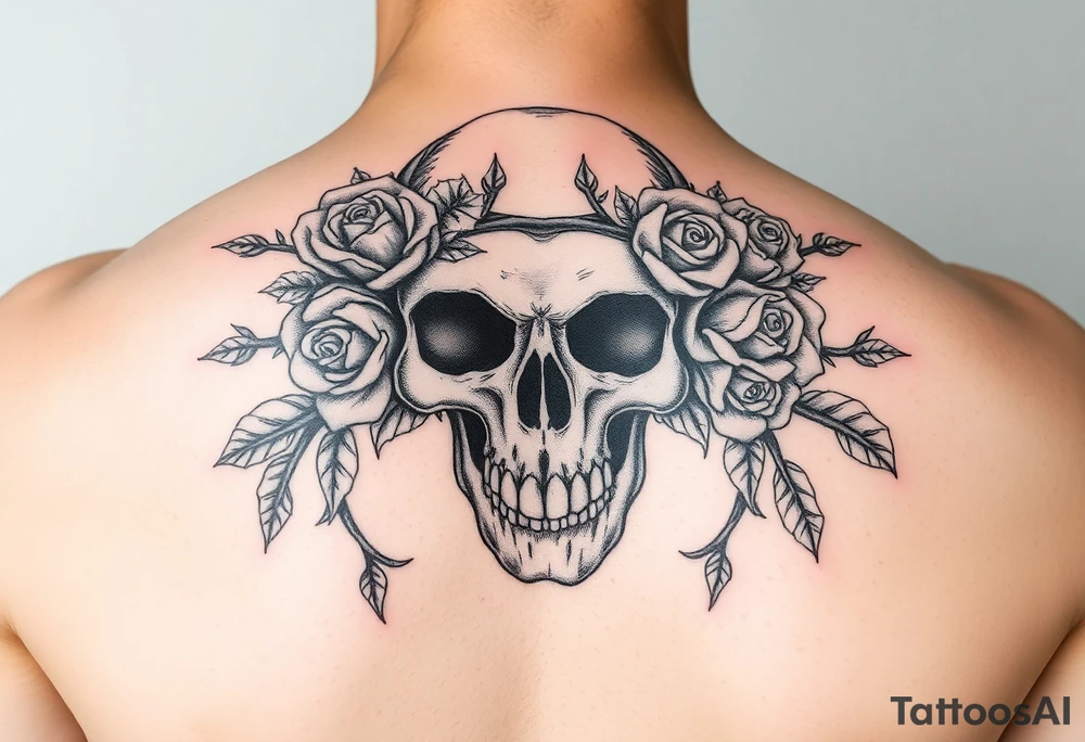 ornate skull adorned with crown of wild roses and thorns tattoo idea