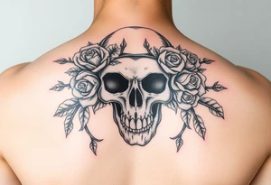 ornate skull adorned with crown of wild roses and thorns tattoo idea