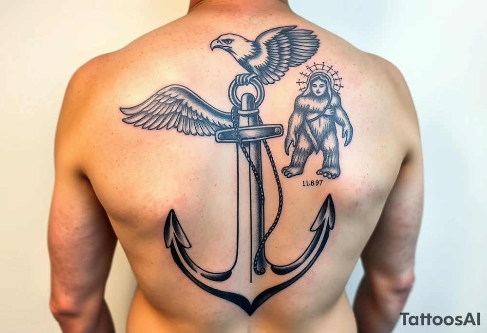 Half sleeve tattoo from shoulder to elbow consisting of American eagle on top with large naval anchor below with our lady of Guadalupe on one side of the anchor and Bigfoot on the other. I wanted the date 10-18-97 on the cross bar of the anchor tattoo idea