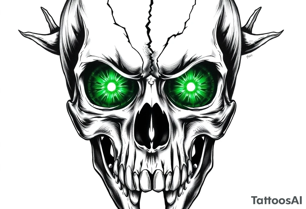 Close-up of a fractured skull with two luminous emerald eyes. tattoo idea