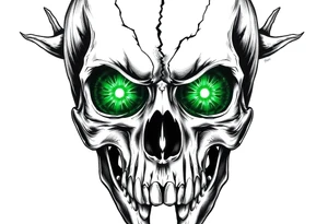 Close-up of a fractured skull with two luminous emerald eyes. tattoo idea