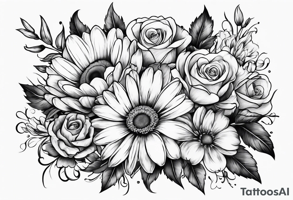 Boquet of daisys and roses on fire tattoo idea