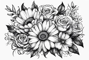 Boquet of daisys and roses on fire tattoo idea