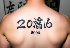 The date 30th of December 2006 in kanjis style sosho with thick lines filled with shading and fine lines in vertical tattoo idea