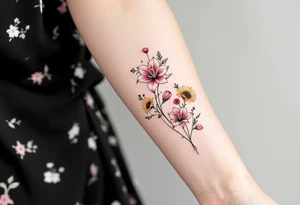 stargazer lillies in pink and white with small sunflowers and poppies in a dainty wildflower bouquet with stems tattoo idea