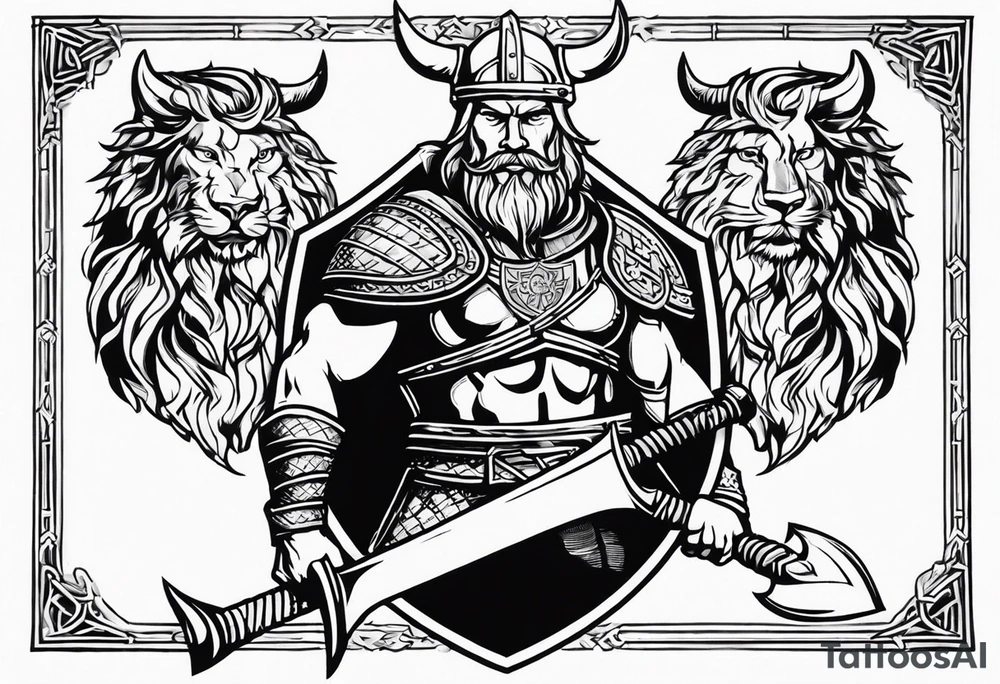 Create sleeve Tattoo of  a viking warrior with holding a shield and axe and on the shield have a gold lion from a coat of arms, tattoo idea