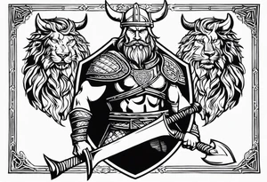 Create sleeve Tattoo of  a viking warrior with holding a shield and axe and on the shield have a gold lion from a coat of arms, tattoo idea