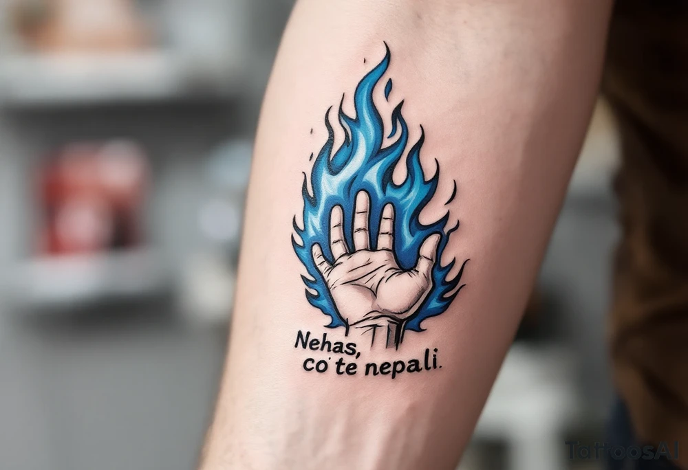 "Nehas, co te nepali." — A hand reaching out to untouched blue flames, surrounded by the quote in sharp charcoal-gray ink. tattoo idea