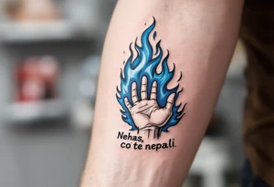 "Nehas, co te nepali." — A hand reaching out to untouched blue flames, surrounded by the quote in sharp charcoal-gray ink. tattoo idea