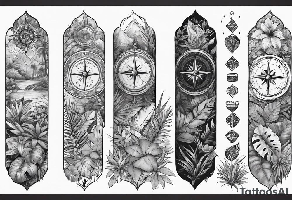 full arm sleeve tattoo with jungle plants and compass tattoo idea full arm sleeve tattoo with jungle plants and compass tattoo idea