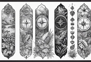 full arm sleeve tattoo with jungle plants and compass tattoo idea