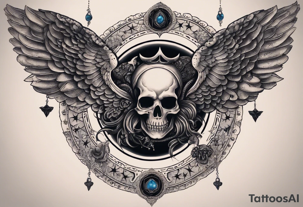 black kali, goddess pirate, alien, angel, pachamama, valkrye, warrior, flying, skull, lotus azul, wing, eagle, zenza resonance, stars, 5D, anahata chakra, death, durga, riding on a tiger, flying lady, kundalini, chest tatoo tattoo idea