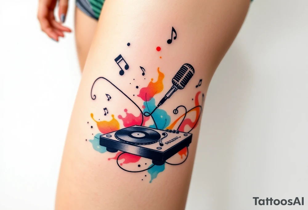 Microphone turntables and music notes graffiti style on a woman's thigh tattoo idea