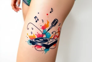 Microphone turntables and music notes graffiti style on a woman's thigh tattoo idea