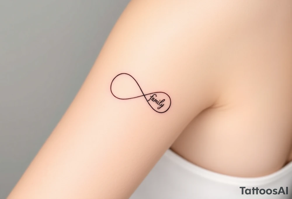 A minimalist infinity symbol composed of thin, intersecting lines, with the word "family" subtly incorporated along the curve in a contemporary font tattoo idea