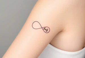 A minimalist infinity symbol composed of thin, intersecting lines, with the word "family" subtly incorporated along the curve in a contemporary font tattoo idea