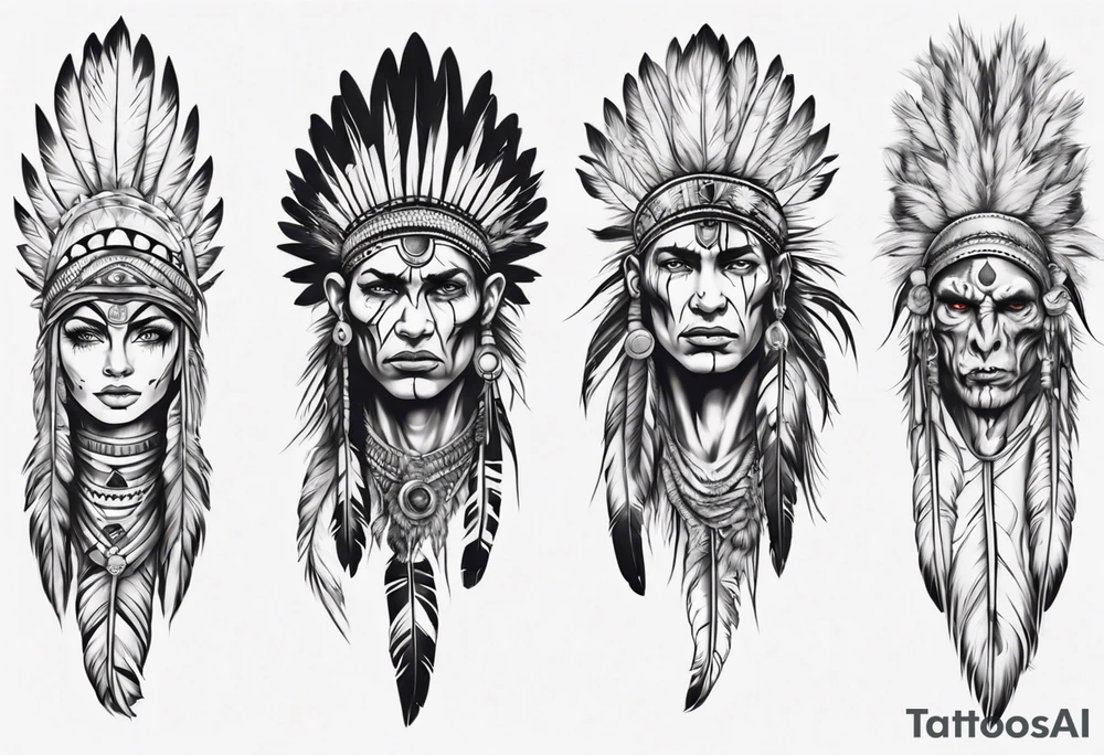 indian realistic leg sleeve with human face and feathers 
and maybe some animals evil looking tattoo idea