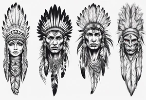 indian realistic leg sleeve with human face and feathers 
and maybe some animals evil looking tattoo idea
