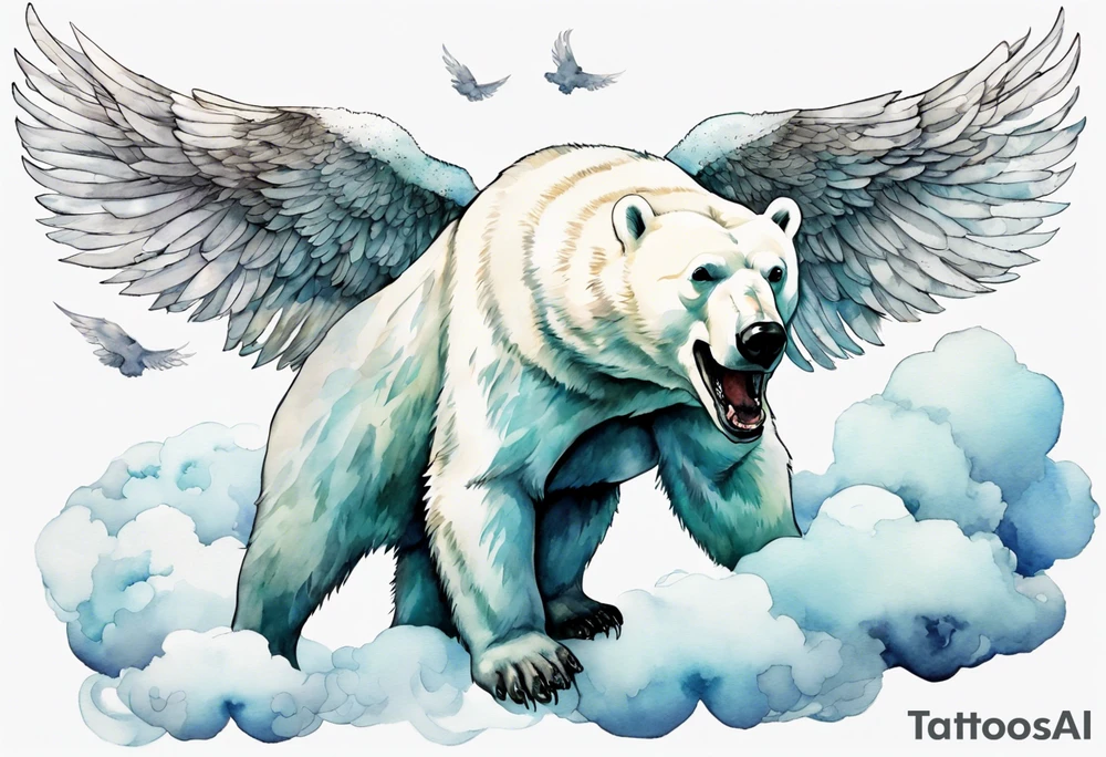a polar bear with wings, standing on  clouds, with mouth wide open tattoo idea