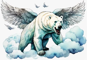 a polar bear with wings, standing on  clouds, with mouth wide open tattoo idea