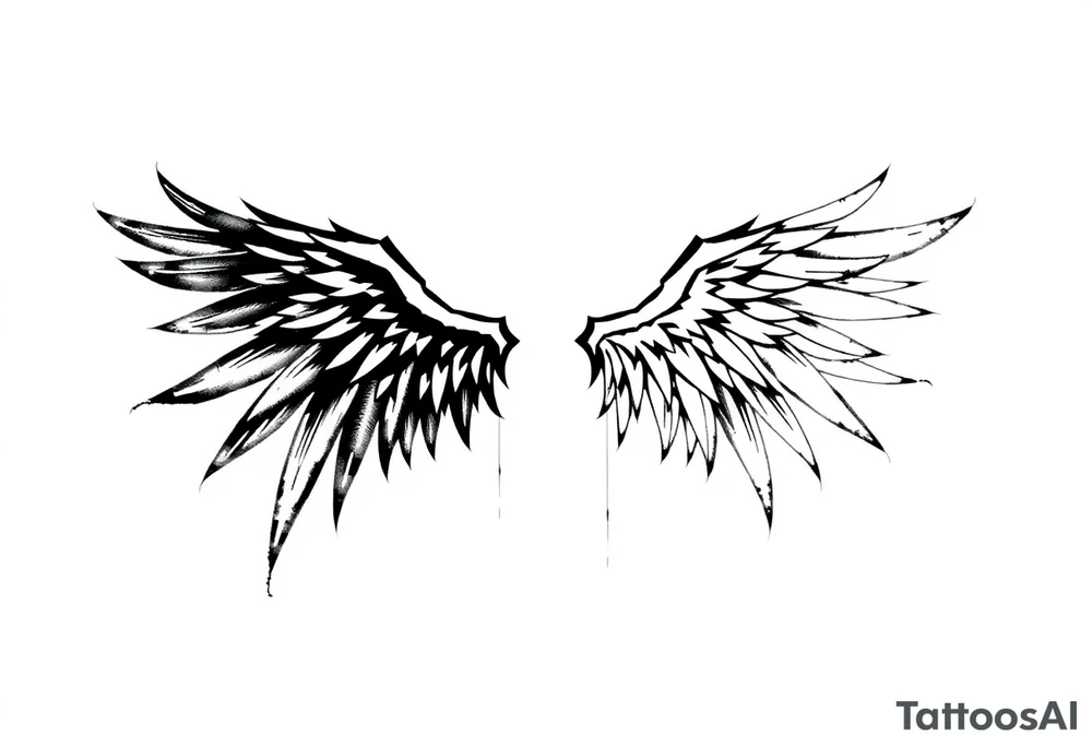 the wings go up

This tattoo design features a pair symmetrical angel wings drawn in black ink with a rough, sketch-like style. The left wing is darker, more defined, and appears denser, while the right wing is lighter, more delicate, and fragmented, creating a contrast between the two. The feathers are sharp and irregular, with fine lines and stray strokes extending outward, adding a raw and artistic feel. The overall look is dynamic and slightly chaotic, giving the impression of movement or an unfinished, ethereal form. This design symbolizes duality, freedom, transformation, or even struggle, making it a meaningful and visually striking tattoo. tattoo idea