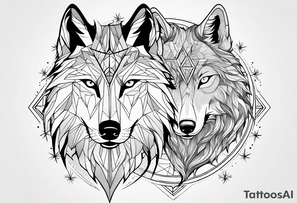 Constellation, two animal wolf, géométric, snowflake tattoo idea