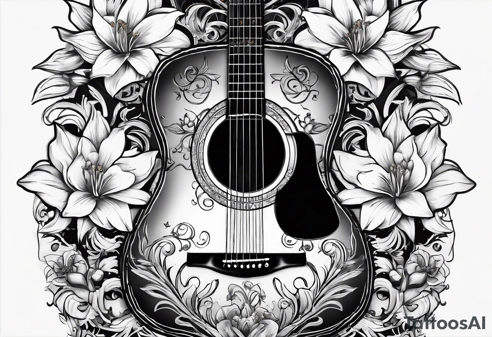 basic black acoustic guitar wrapped with lilies around the neck, with a simple black star on the guitar body. tattoo idea