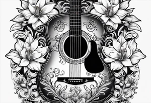 basic black acoustic guitar wrapped with lilies around the neck, with a simple black star on the guitar body. tattoo idea