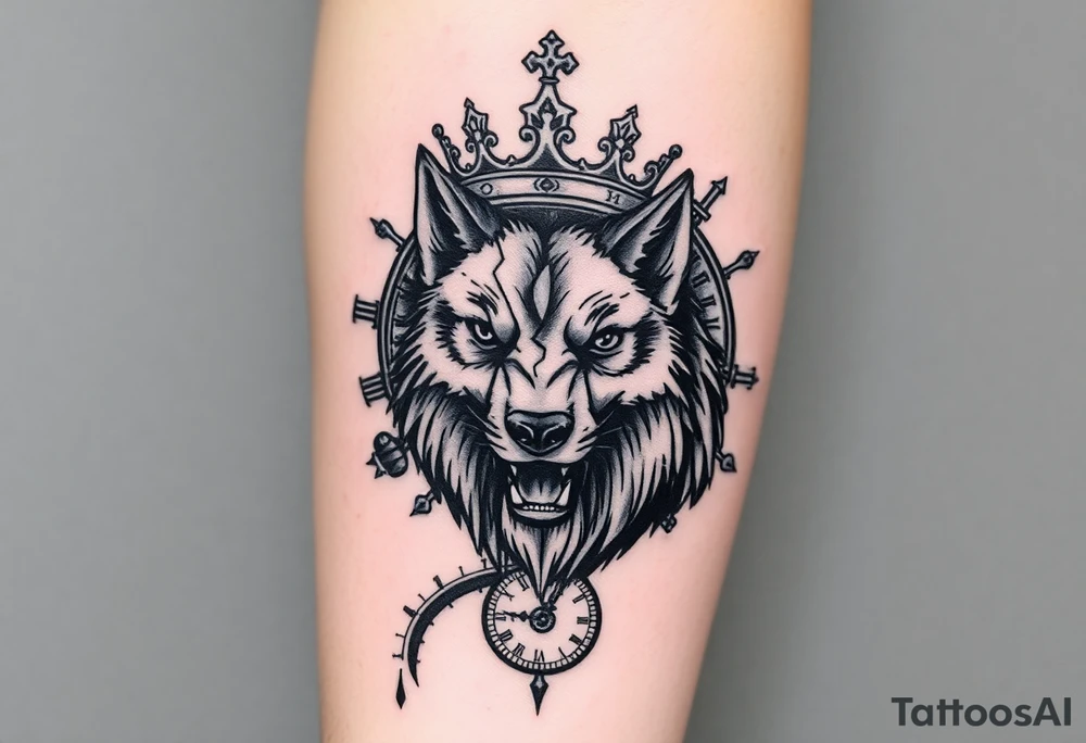 Artistic tattoo design with a powerful wolf in the center, a cracked crown tilted above its head, a vintage clock with Roman numerals and a compass blended in the background. Black and gray shading, realistic yet symbolic style, designed for chest or forearm.” tattoo idea