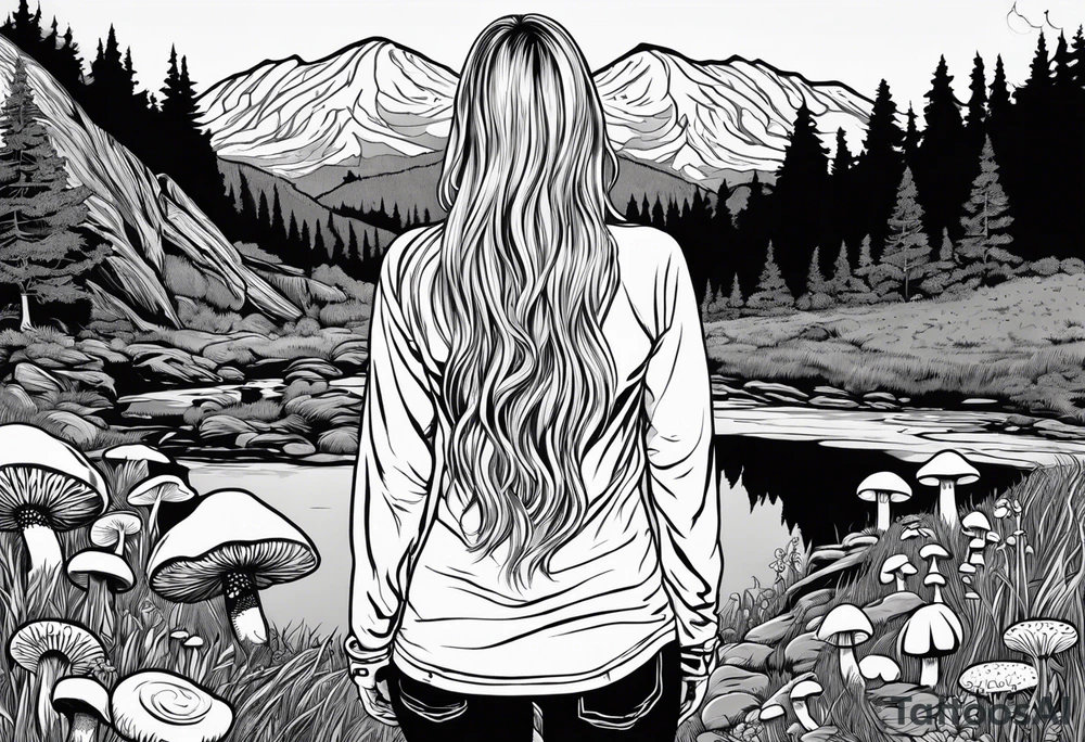 Whole picture encircled fully

Straight long blonde hair hippie girl in distance holding mushrooms in hand facing away toward mountains and creek surrounded by mushrooms long sleeve shirt and hiking pants; whole rendering within a full celtic circle, no cut off circle tattoo idea