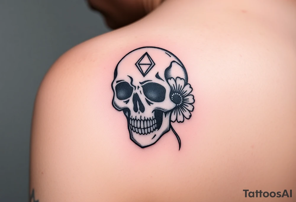 Masculine skull with a diamond and daisy tattoo idea